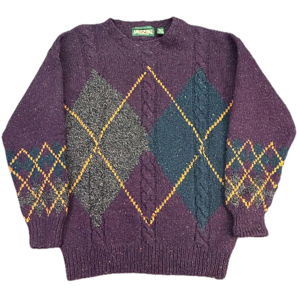 American Eagle Sweater Mens L Purple Argyle Shetland Wool Hand Knitted Vintage